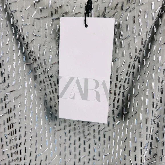 ZARA Gray Silver Beaded Spaghetti Strap Mini Dress S NWT - Picture 6 of 13